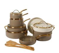 Bloomhouse - Two Time Oprah's Favorite Things Winner - 15 Piece Pots and Pans Heavy Duty Aluminum Premium PFA Free Ceramic Nonstick Dutch Oven Pot with Lid - Cappuccino Cream with Gold Handle