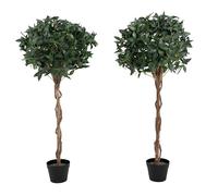 Blooming Artificial Bay Tree Pair - UV & Water Resistant Artificial Plant in Pot for Front Door, Porch & Patio, Braided Natural Wood Stems (120cm, 2 Pack)