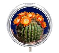Blooming Barrel Cactus Pill Box with 3 Compartments, Portable Round Medicine Pill Case for Holding Vitamins Decorative Metal Medicine Organizer