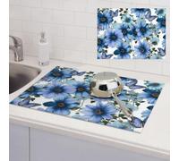 Blooming blue daisy Dish Drying Mat for Kitchen Counter Super Absorbent Microfiber Drainer Mats Large Size Dish Drying Pad Quick Drying Dish Rack Pad 18"x 24"