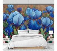 Blooming Blue Irises Photo Wallpaper, Wall Mural Non-Woven 150 X 105 Cm Retro 3D Floral Print, Blue Wallpaper Decoration for Hallway Home and Office Wall