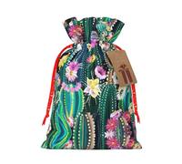 Blooming Cactus Print Christmas Drawstring Gift Bag, Burlap Favor Pouch For Birthday And Holiday Celebrations-S Size
