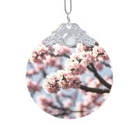 Blooming Cherry Blossoms Pattern Glass Christmas Ornament Round Hanging Pendant Gifts for Xmas Holidays, Ornaments for Home Decor