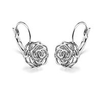 Blooming Filigree 3D Rose Flower Crystal Leverback Dangle Drop Earrings for Women Sensitive Ear Sweet Dangling for Lovers Wedding Elegant Gifts Hypoallergenic Her Girlfriend Valentines Day