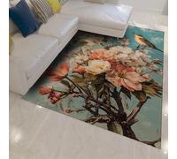 Blooming Flowers Area Rugs Spring Blue Sky and Flying Birds Print Thin Door Mat for Living Room Bedroom Balcony Hallway Washable 100 x 150 cm