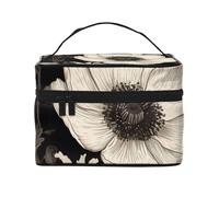 Blooming Flowers Black Printing Makeup Bag for Women Portable Travel Cosmetic Case Make Up Organizer Bag Beauty Box with Inner Pouch and Handle