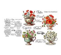 Blooming Flowers In Vintage Tea Cups Dies and Stamp Sets for Card Making DIY Scrapbooking Sister Friend Mom You're A Tea-riffic Words Transparent Rubber Stamps for Paper Crafting Arts Crafts Metal Die