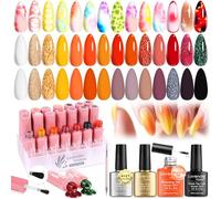 Blooming Gel Nail Polish Set, 25 Pcs Classical Colors Marble Flower Watercolor Solid Glitter Red Brown Green Black with Base Coat Glossy and Matte Top Coat Liner Brush Pen C406