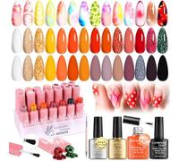 Blooming Gel Nail Polish Set, Halloween Xmas 4+21 Colors Marble Flower Watercolor Solid Glitter Red Brown Green Black with Base Coat Glossy and Matte Top Coat Liner Brush Pen for Nail Design C406