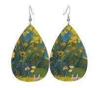 Blooming Golden Flower Teardrop Earrings for Women, Double-Side Printed Drop Leather Earring, Lightweight Dangle Earrings
