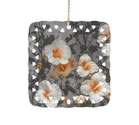 Blooming Hibiscus Flowers Ceramic Christmas Ornament Xmas Tree Hanging Pendant Double Sided Pattern Festive Square Ornament Holiday Home Party Decoration Gifts