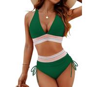 Blooming Jelly Women High Waisted Bikini Sets Tummy Control Swimsuits Color Block Two Piece Drawstring Bathing Suit, Dark Green, Large