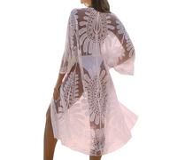 Blooming Jelly Womens Bathing Suit Cover Up 3/4 Sleeve Mesh Swimsuit Coverup Long Floral Beach Lace Kimono Summer Cardigan, Pink, One Size