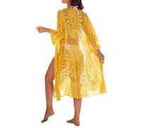 Blooming Jelly Womens Bathing Suit Cover Up 3/4 Sleeve Mesh Swimsuit Coverup Long Floral Beach Lace Kimono Summer Cardigan, Yellow, One Size