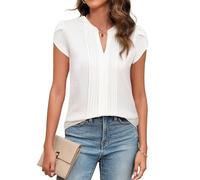 Blooming Jelly Womens Blouses Dressy Causal V Neck Pintuck Short Petal Sleeve Business Tops Ladies Summer Trendy Work Shirt, Ivory White, M