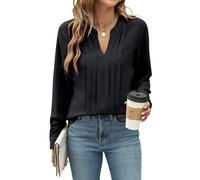 Blooming Jelly Womens Blouses Long Sleeve Shirts V Neck Pleated Tops 2025 Fashion Black M