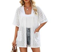 Blooming Jelly Women's Crochet Beach Cover Up Kimono Short Sleeve Cardigan, Ivory White, Large