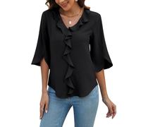Blooming Jelly Womens Dressy Casual Blouses 3/4 Sleeve V Neck Ruffle Tops Business Ladies Summer 2025 Trendy Work Shirt, Black, L