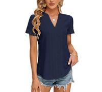 Blooming Jelly Womens Dressy Casual Blouses Short Sleeve V Neck Business Tops Summer Ladies Trendy Boho Office Work Shirts, Navy Blue, L