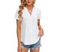 Blooming Jelly Women's Embroidered V Neck Short Sleeve Dressy Casual Blouse, Ivory White, L