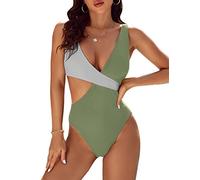 Blooming Jelly Womens One Piece Cutout Swimsuits Sexy High Cut Bathing Suits Cheeky Color Block Monokini, Pea Green, X-Large