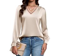Blooming Jelly Womens Silk Business Dressy Casual Blouses Lace V Neck Long Sleeve Fall Tops Work Pleated Trendy Outfits, Beige, L