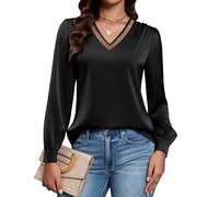 Blooming Jelly Womens Silk Business Dressy Casual Blouses Lace V Neck Long Sleeve Fall Tops Work Pleated Trendy Outfits, Black, XL