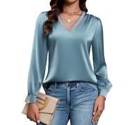 Blooming Jelly Womens Silk Business Dressy Casual Blouses Lace V Neck Long Sleeve Fall Tops Work Pleated Trendy Outfits, Blue, M
