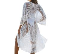 Blooming Jelly Women's Swimsuit Cover Ups Lace Floral Crochet Beachwear Long Kimono Cardigan - white - Medium