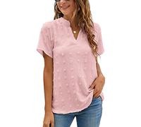 Blooming Jelly Womens White Chiffon Blouses Short Sleeve V Neck Shirts Summer Casual Polka Dot Tops, Light Pink, XL