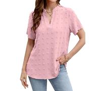 Blooming Jelly Womens White Chiffon Blouses Short Sleeve V Neck Shirts Summer Casual Polka Dot Tops, Light Pink, S