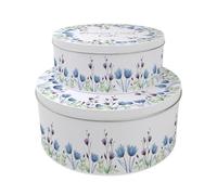 Blooming Lovely Set of 2 Cake Tins - Nesting Round Large & Medium Metal Storage Containers for Cakes and Baking - Blue & Purple Floral Homeware Gifts
