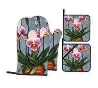 Blooming Orchids Patterned Heat-Resistant Glove Set, 4-Piece Set of Heat-Resistant Gloves and mats Suitable for Cooking and Grilling