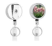 Blooming Peach Tulips Badge Reel Retractable Stainless Steel Badge Clip with Lanyard Cute Badges Reel Holder Heavy-Duty Nurse Doctor Name Tag Badges Clip for Work