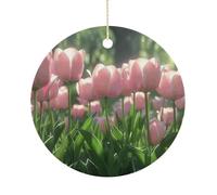 Blooming Peach Tulips Double-Sided Ceramic Christmas Ornaments - Round Hanging Mini Xmas Tree Decorations, Ideas for Farmers, Rustic Home Decor for Indoor Outdoor Tree Decor