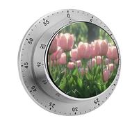 Blooming Peach Tulips Kitchen Timer 60 Minute Visual Wind Up Timers Indoor Mechanical Timers with Magnetic Base Stainless Steel Timer for Home Cooking Time Management Tool