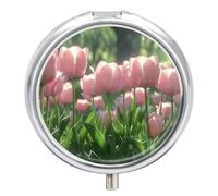 Blooming Peach Tulips Pill Box - 3 Compartment Travel Pill Organizer with Small Mirror, Portable Pillcase for Pocket & Purse, Cute Round Medicine Case, Weekly Medicine Container