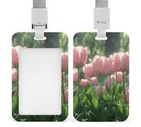 Blooming Peach Tulips Retractable ID Badge Holder with Lanyard - Vertical Badge Reel,Keychain Clip,Name Tag Id Card Holder Protector for Nurse Officer Teacher Security Staff Women Men