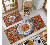 Blooming Peonies Kitchen Rugs Non Slip Orange Color Kitchen Mats Machine Washable Rugs 2 Pieces Traditional Chinese Flowers Runner Carpet, 43x75cm+43x120cm