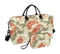 Blooming Peony Floral Pattern Chinese Style Vintage Decorative Luggage Travel Bag Sport Training Bag with Adjustable Strap for Airplane Traveling 2 Pcs Set bolso de para Mujer Avion