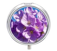 Blooming Purple Blossoms Metal Pill Organizer, 3 Compartment Waterproof Pill Case with Mirror for Purse Pocket Bag, Daily Medicine Vitamin Holder, Portable Travel Med Container(Round)