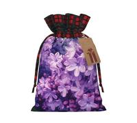Blooming Purple Flowers Color Blocked Linen Drawstring Gift Bag, Reusable Gift Bag