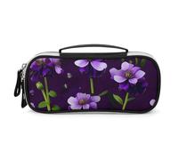 Blooming Purple Flowers Pencil Case with Handle, Large Capacity PU Leather Pencil Bag Office Organizer, Portable Cosmetic Bag for Travel, Home