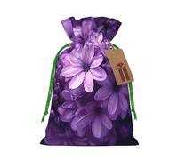 Blooming Purple Flowers Printed Christmas Drawstring Bags for Xmas Gift Wrapping, Green Christmas Ribbon, M