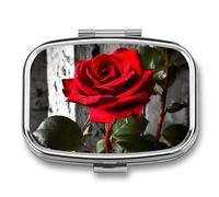 Blooming Red Rose Pill Box 2 Compartment, Portable Pill Case with Mirror for Pocket Purse Travel, Mini Metal Medicine Organizer for Vitamins Fish Oil
