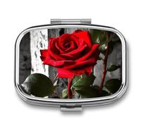 Blooming Red Rose Pill Case for Travel, Rectangle Metal Pill Organizer with 2 Compartments, Portable Daily Medicine Box for Purse, Wallet