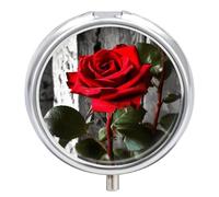 Blooming Red Rose Pill Case with 3 Compartments - Portable Travel Pill Organizer for Purse, Easy-Open Button Design, Small Round Pillbox Vitamin Holder Organizer for Women Men
