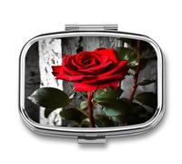Blooming Red Rose Pill Organizer with 2 Compartments, Small Pill Case for Pocket Wallet, Portable Travel Pill Case, Metal Medicine Organizer
