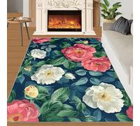 Blooming Rose Rugs for Girls Bedroom 150x180 cm, Non-Slip Washable Watercolor Floral Design Area Rug for Women, Soft Low-Pile Vintage Flowers Carpet, Woman Garden Style