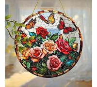 Blooming Roses Butterfly Stained Windows Hanging Suncatcher,Flower Stained Glass Suncatchers Window Ornament Stained Glass Panel Sun Catcher Wall Hanging Decor Birthday Gifts